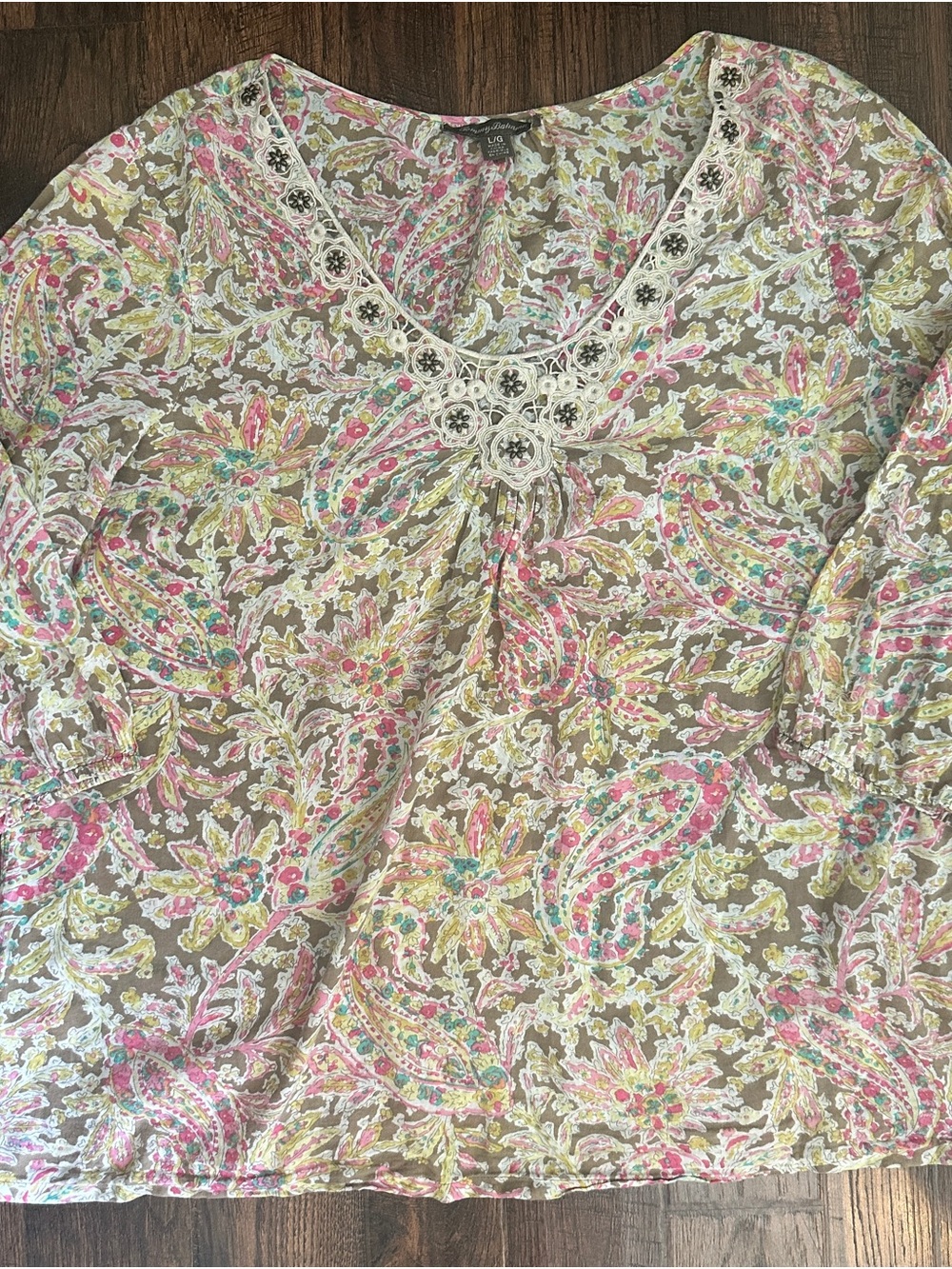Tommy Bahama Women’s L 100% Cotton Paisley Boho Tunic Embellished 3/4 Sleeve